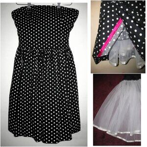 Strapless dress 12 Black White dots Pure cotton Crinoline Full Retro USA Pinup